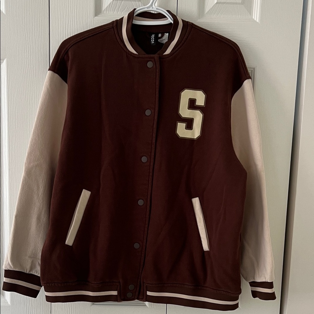 H&M Brown Varsity Jacket with Cream Sleeves